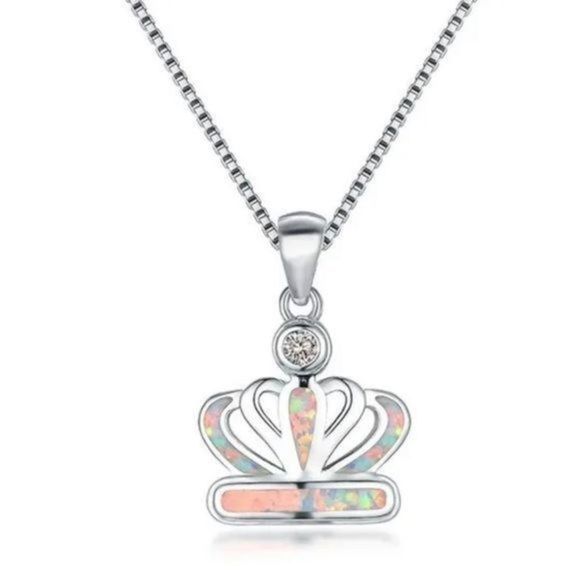 WHITE OPAL N SAPPHIRE ON SILVER CROWN NECKLACE - Picture 1 of 7